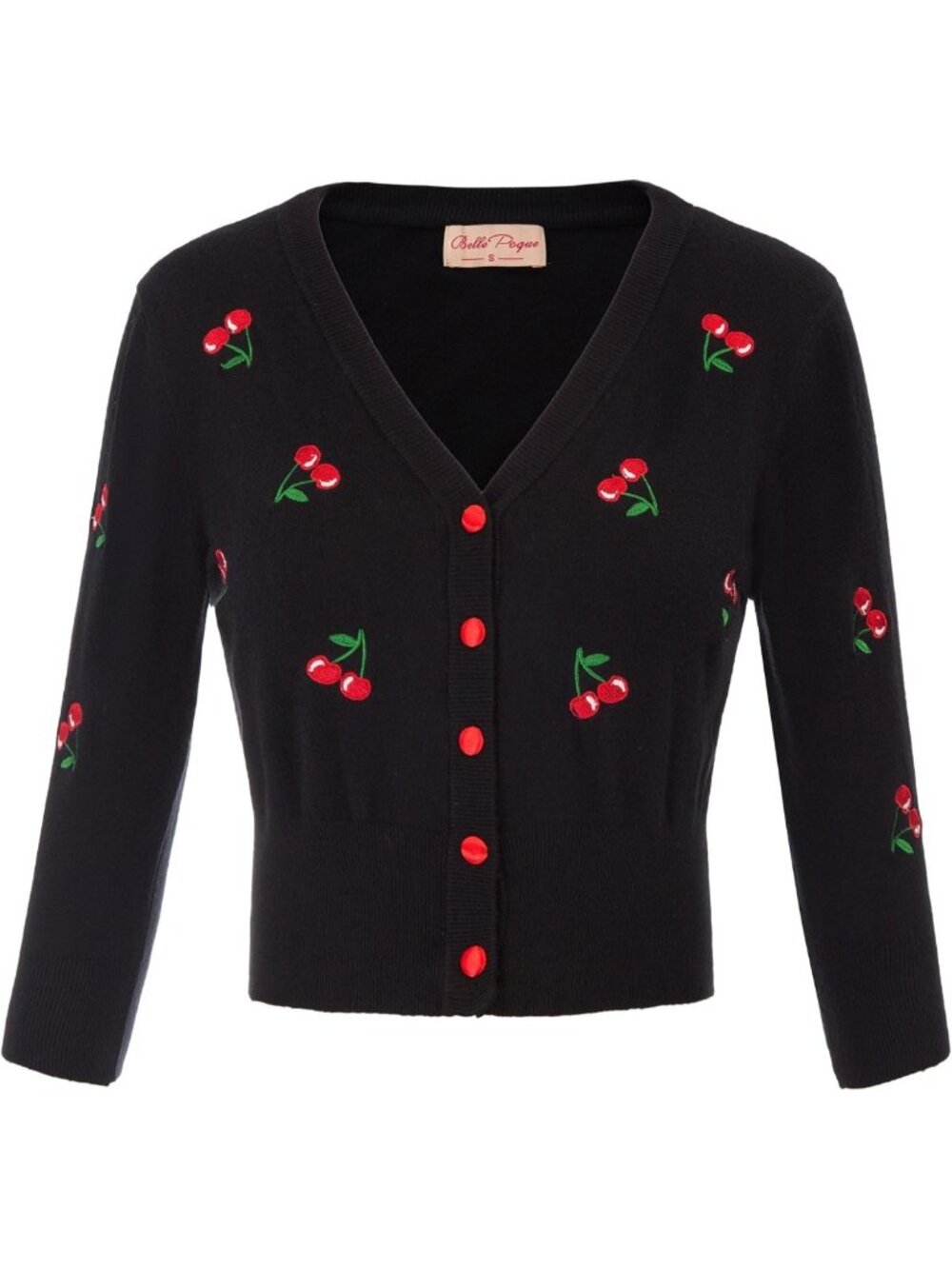 Chic 3/4 Sleeve V-Neck Cropped Cardigan Sweater with Cherry Embroidery